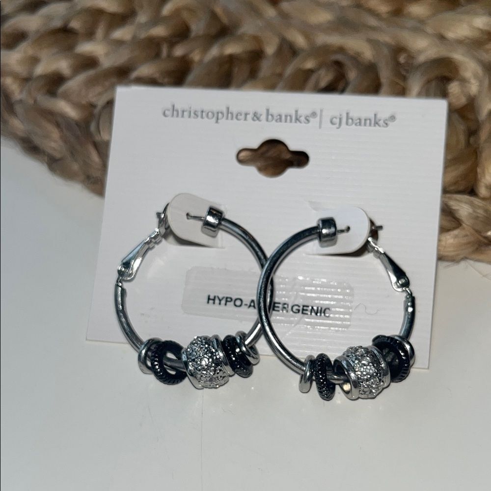 Christopher & Banks Silver & Gemstone Beaded Hoop Earrings, silver, boho, indie - Picture 3 of 5